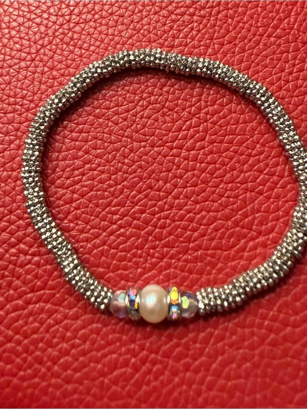 Silver Beaded Stretch Bracelet with Pearl Accent